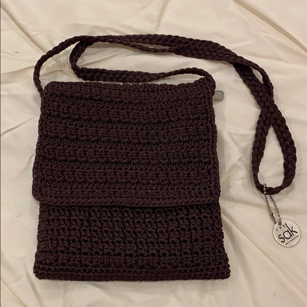 THE SAC burgundy/wine crocheted crossbody bag.